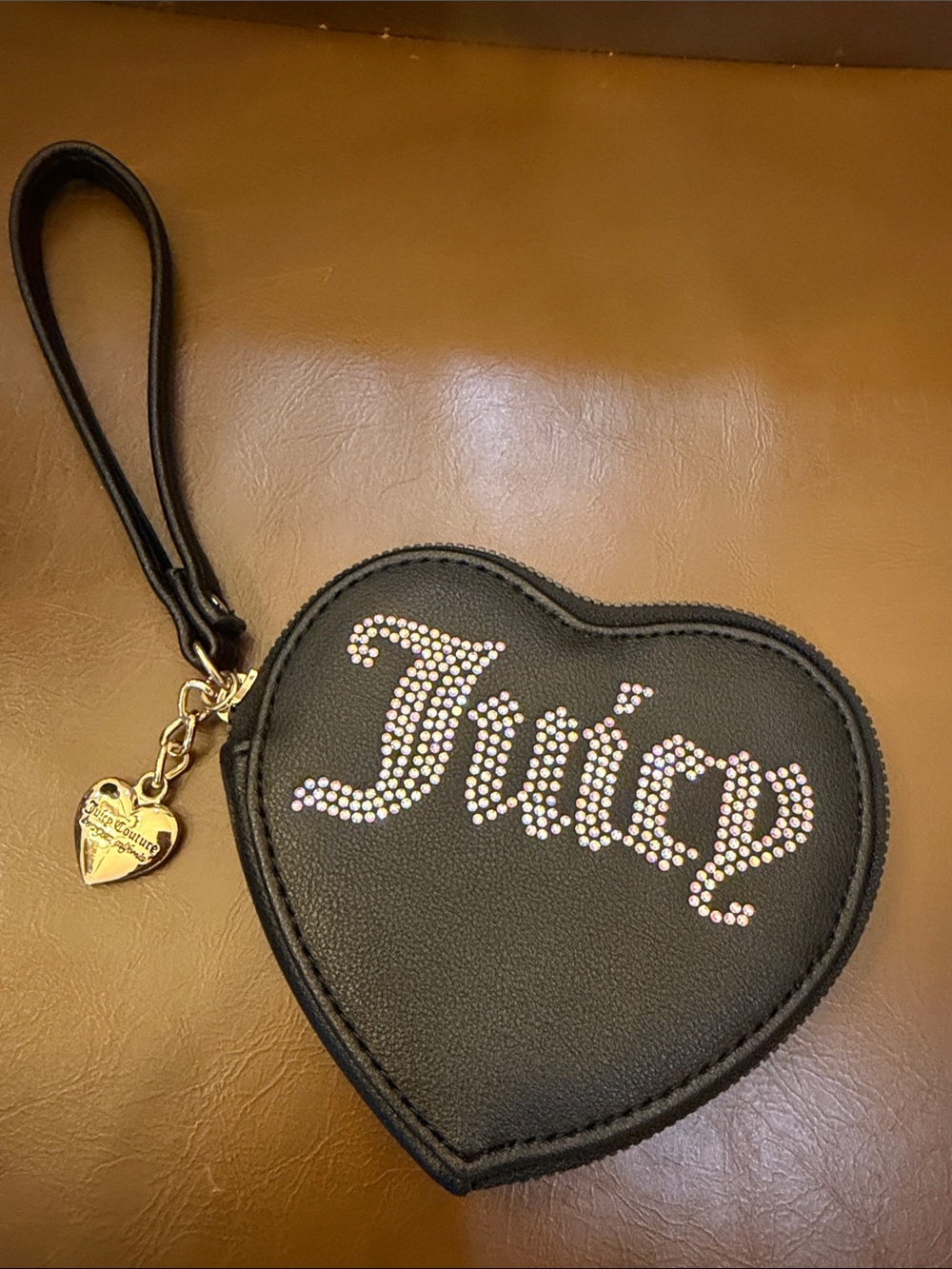 Juicy Couture Black Heart Wristlet with Crystal 'Juicy' Logo
